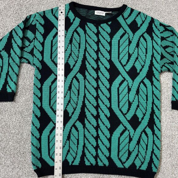 Vintage Genoa Sweater Womens Medium Black Green Acrylic Knit Crewneck 80s 90s - Picture 7 of 8